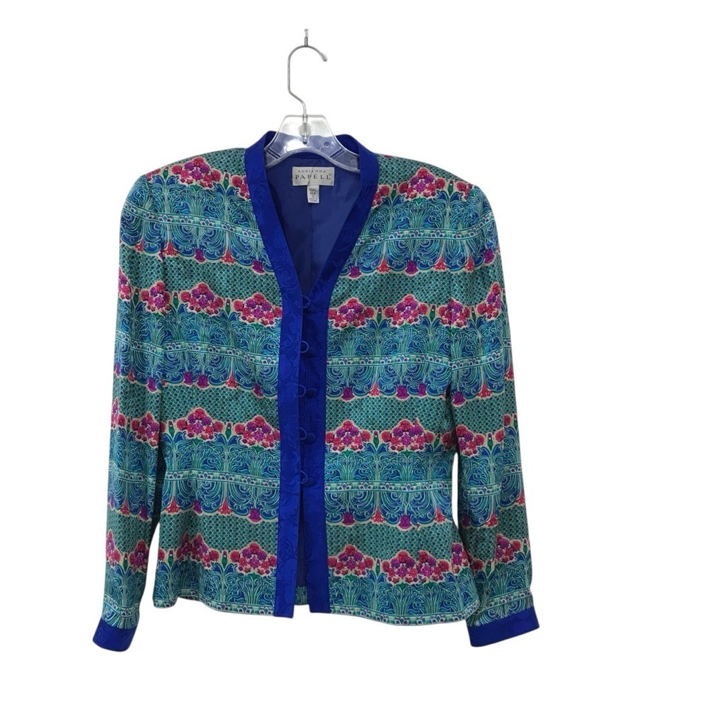Adrianna Papell Floral Blue Silk Blazer Jacket Vintage Size 6